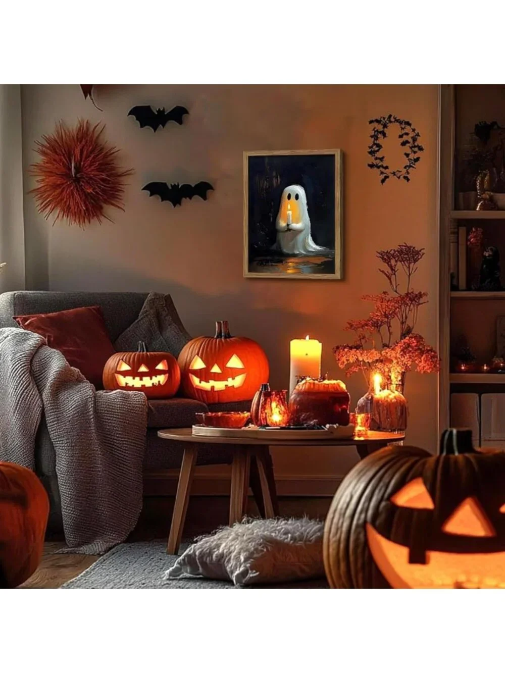 Cute Gothic Ghost Wall Art - Framed Halloween Decor, Vintage Canvas Print 16x24